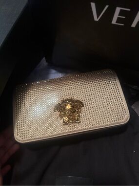 Versace Metallic Gold Crystal-Stud Medusa Mini Wallet